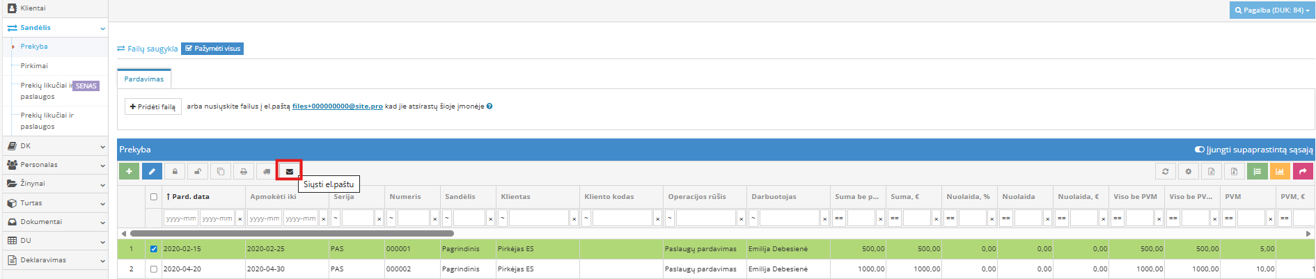 Pardavimo sąskaitos siuntimo el. paštu langas